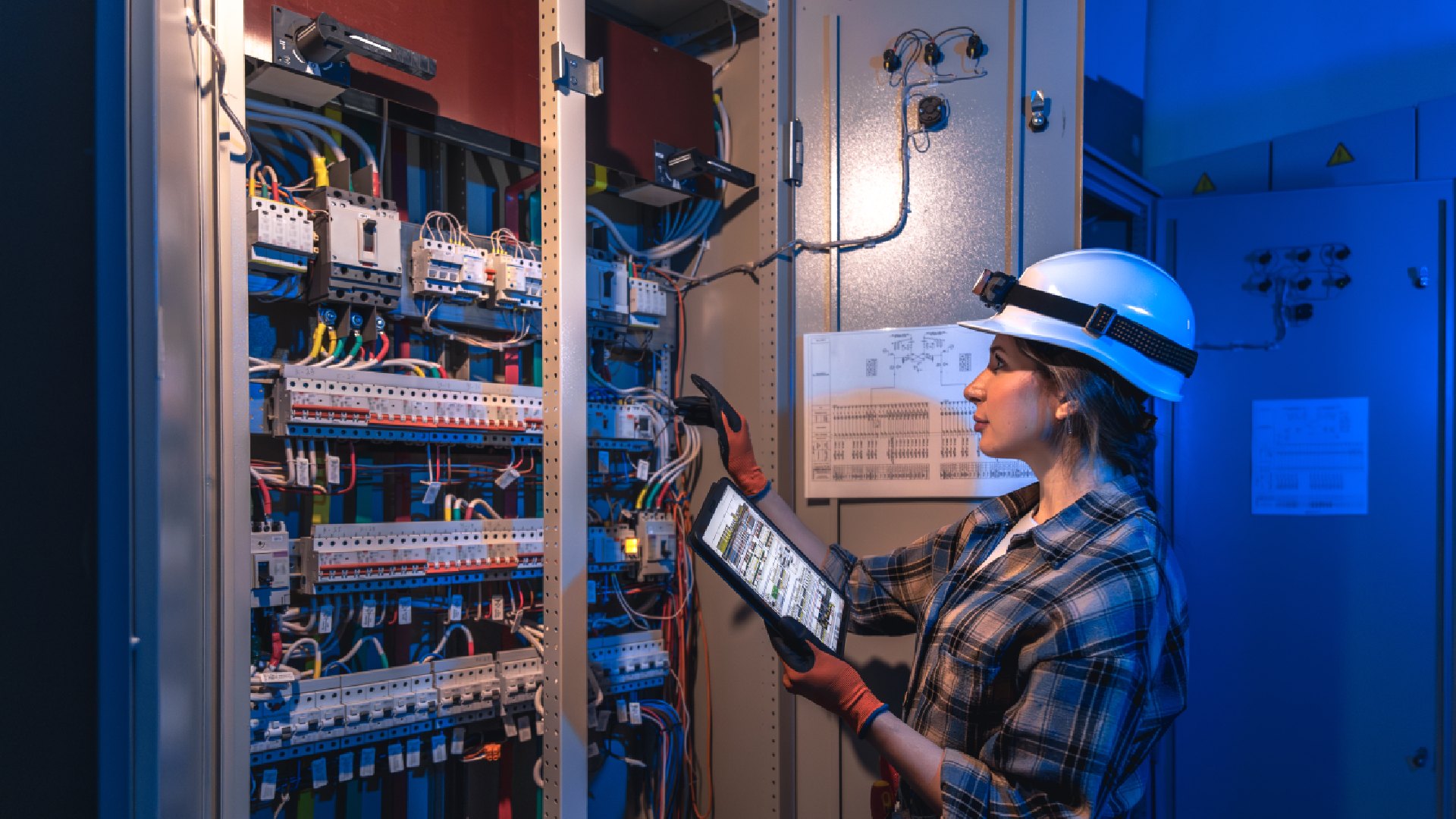 Electrician-works-with-industrial-switchgear